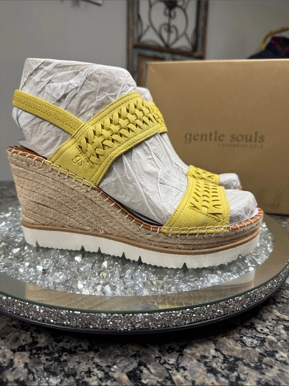 gentle souls leather Charlie lemon Yellow Woven Espadrille Wedge Sandals NEW 9.5